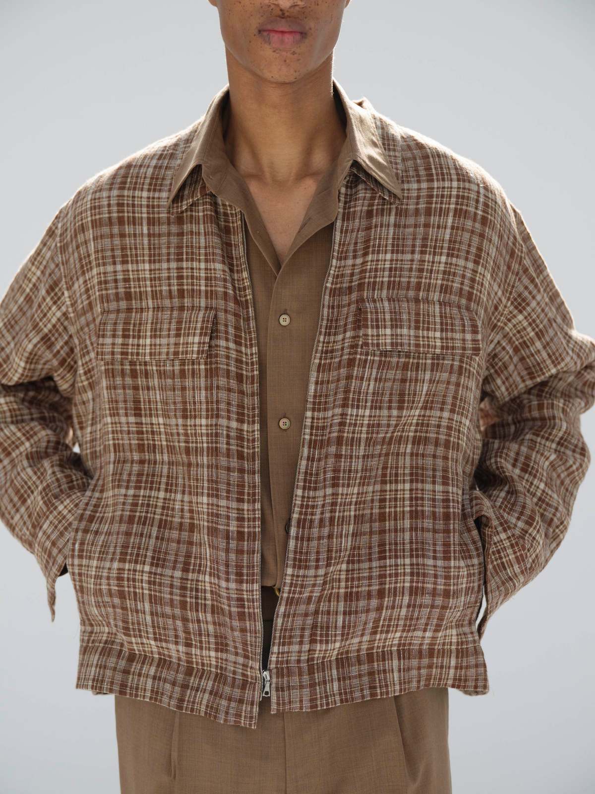 Auralee Linen Silk Check Zip Blouson - Brown Check | Garmentory
