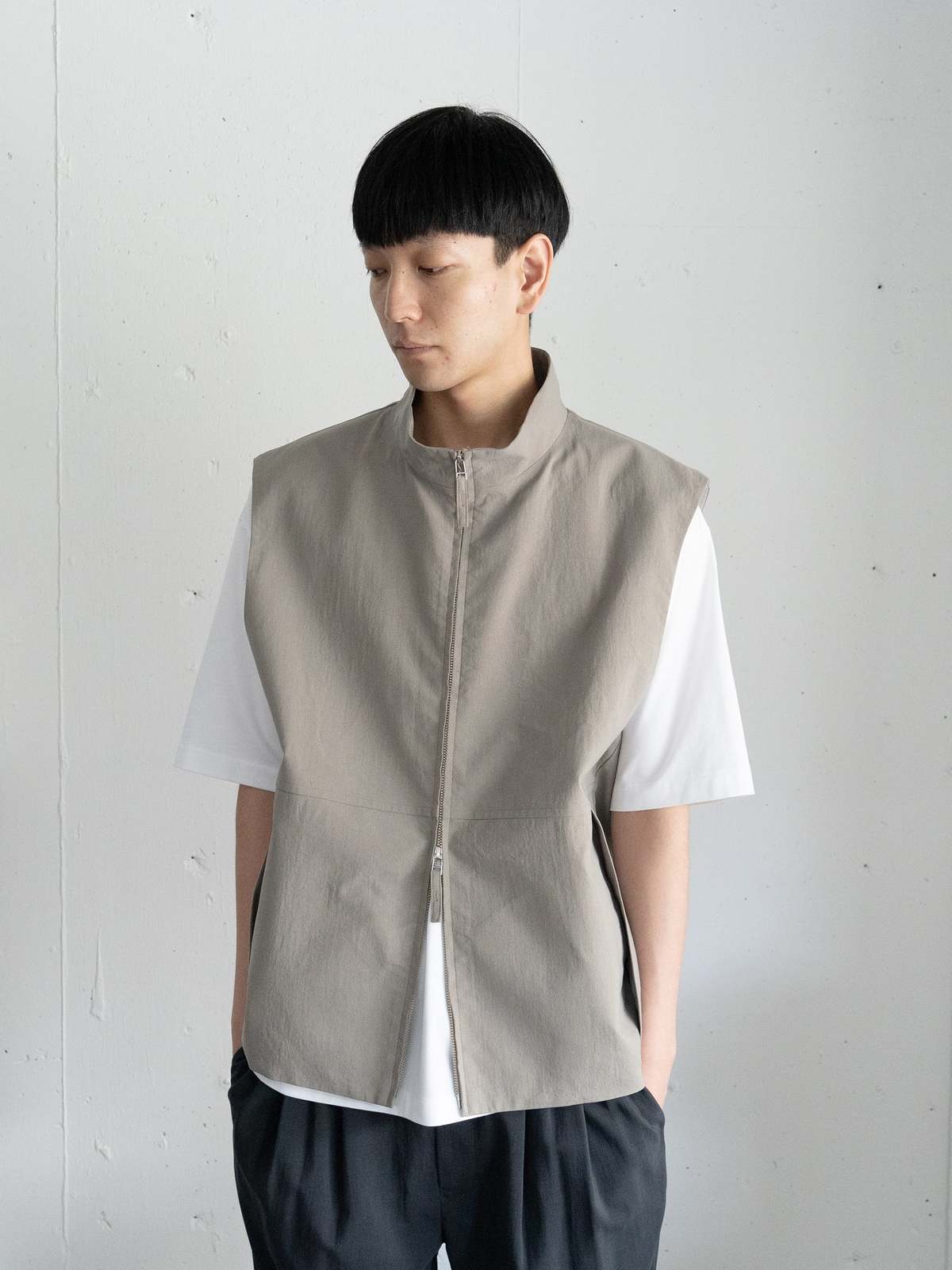 Still By Hand Stand Collar Outer Vest - Blue Green | Garmentory