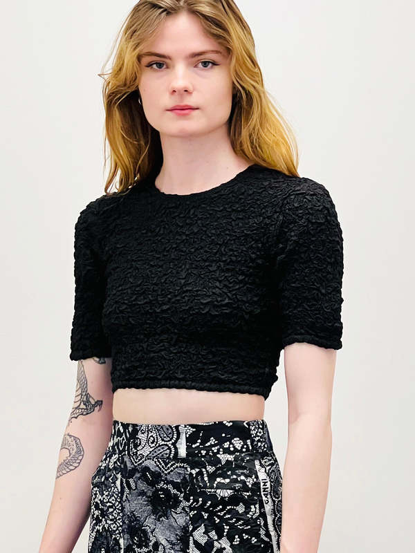 Ganni Cotton Poplin O-Neck Cropped Smock Top - Black | Garmentory