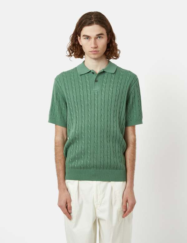 Beams Plus Cable Knit Polo - Green | Garmentory