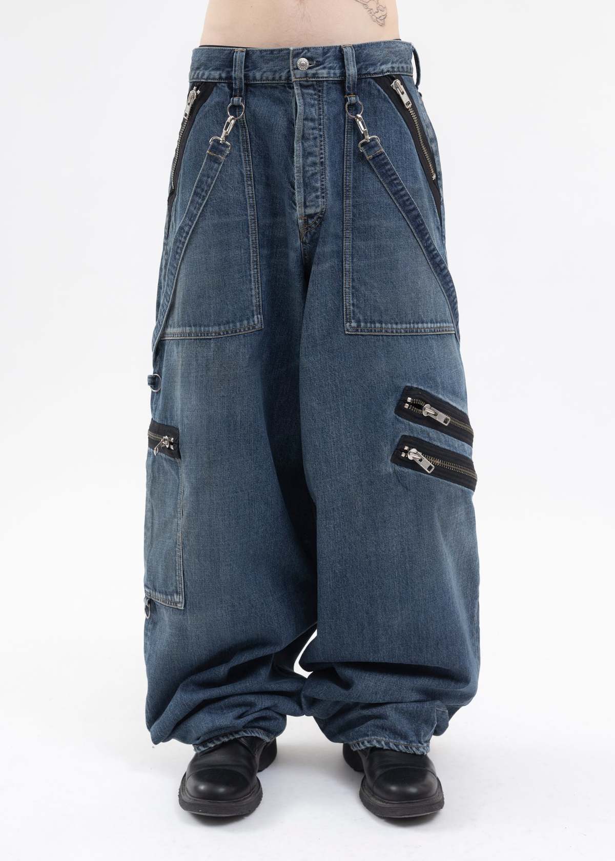 Kidill Distressed Denim Wide Zip & Straps Denim Pants - Indigo 