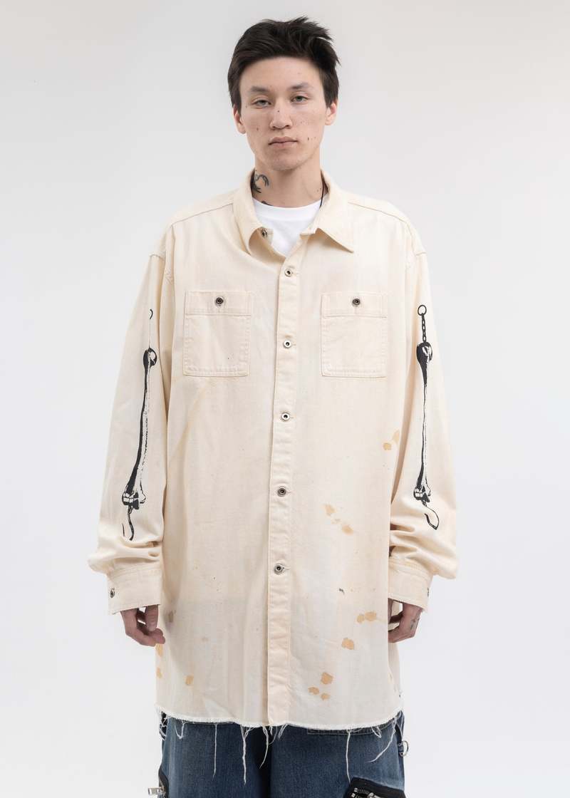 Kidill Distressed Oversized Denim Shirt - White | Garmentory Kidill Distressed Oversized Denim Shirt - White | Garmentory
