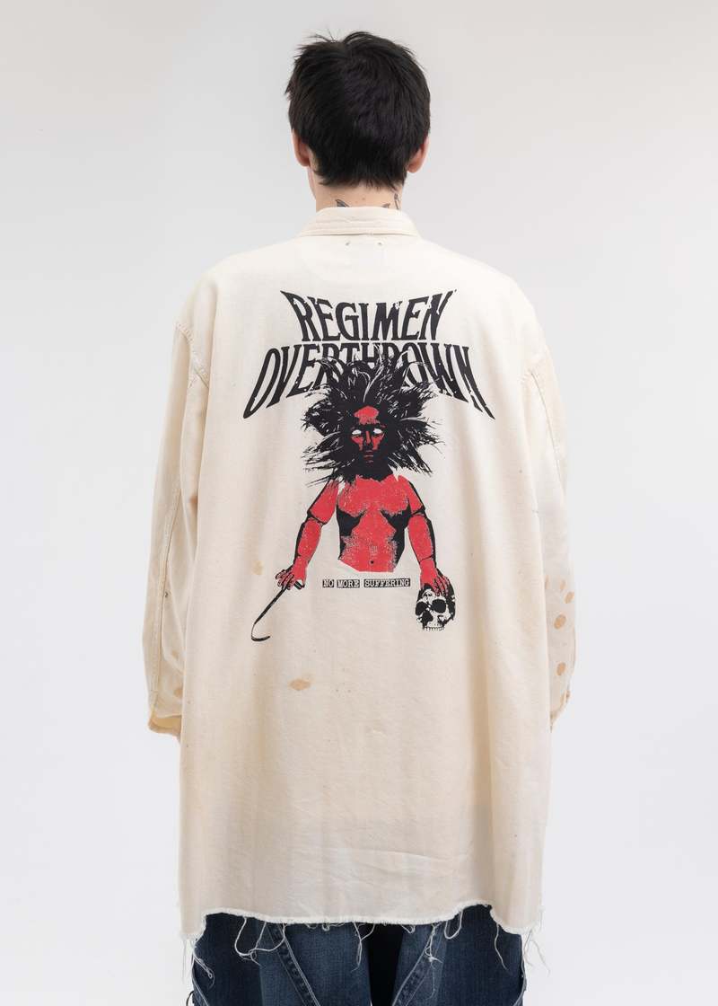 Kidill Distressed Oversized Denim Shirt - White | Garmentory Kidill Distressed Oversized Denim Shirt - White | Garmentory
