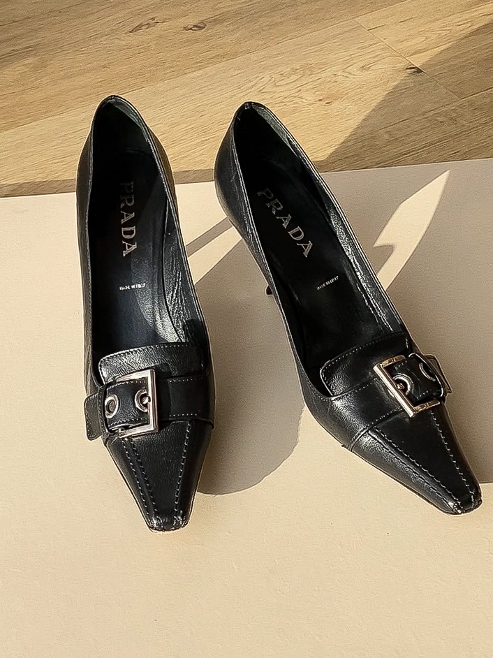 Leather Crown Prada Buckle Dorsay Kitten Heel
