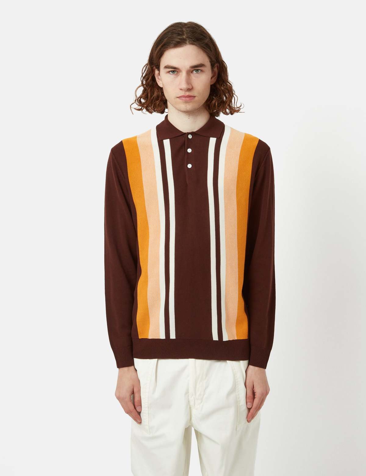 トップス Beams+ Wool Stripe Polo Brown Beams Plus - Striped Wool Polo Shirt - Brown Beams Plus