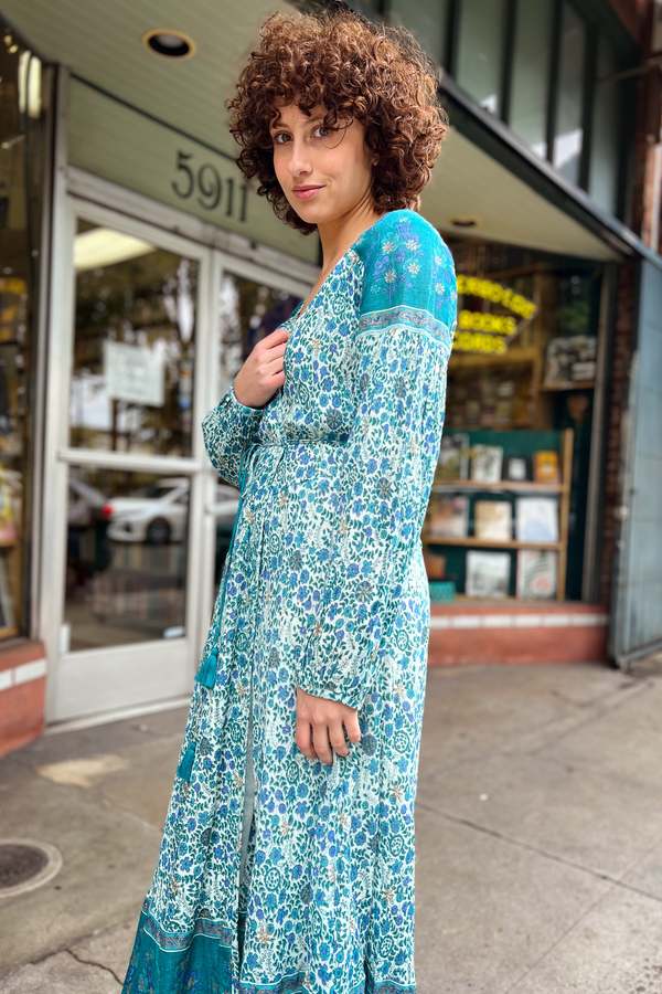 blue boheme dress Naomi Printed Wrap - Blue 3/4 Sleeve Oxford EZ