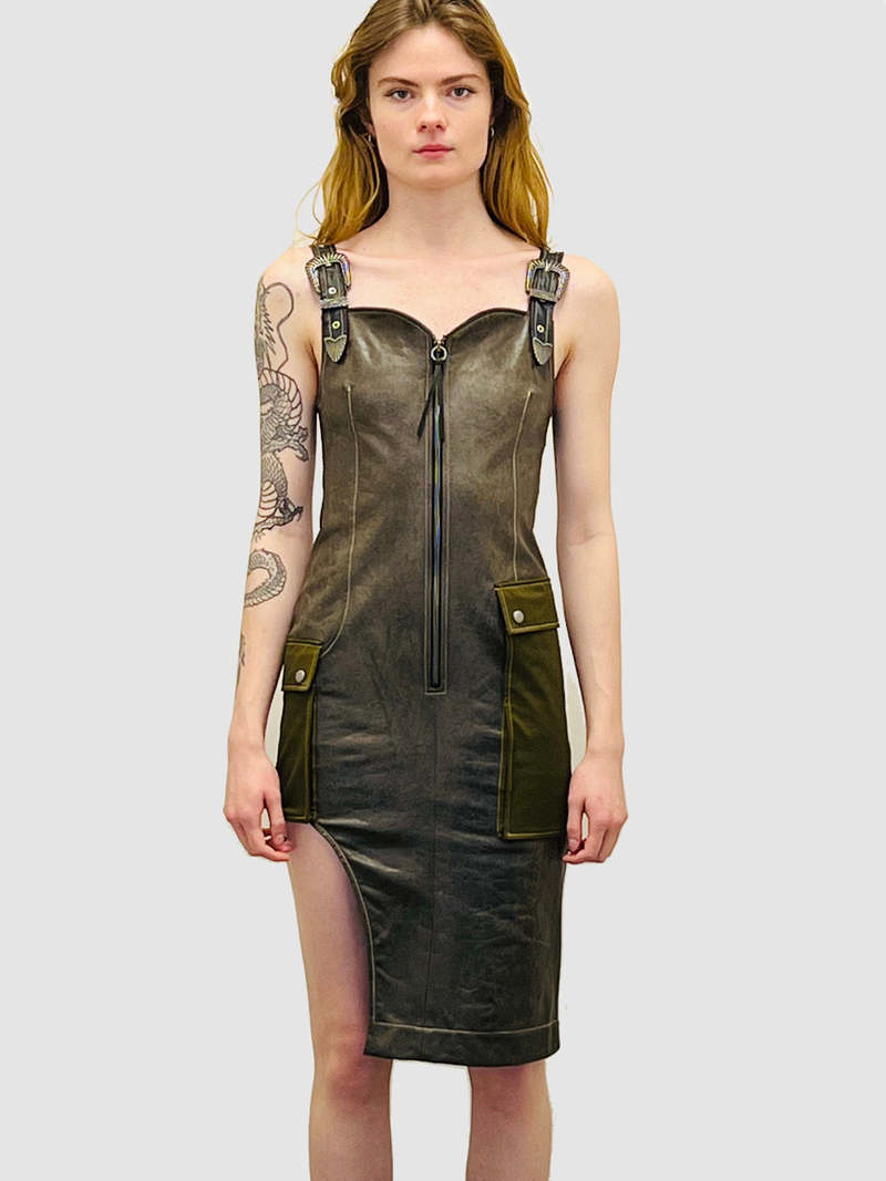 ANDERSSON BELL Sadie Cracked Faux Leather Dress - Khaki | Garmentory ANDERSSON BELL Sadie Cracked Faux Leather Dress - Khaki | Garmentory