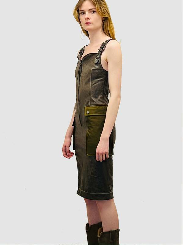 ANDERSSON BELL Sadie Cracked Faux Leather Dress - Khaki | Garmentory