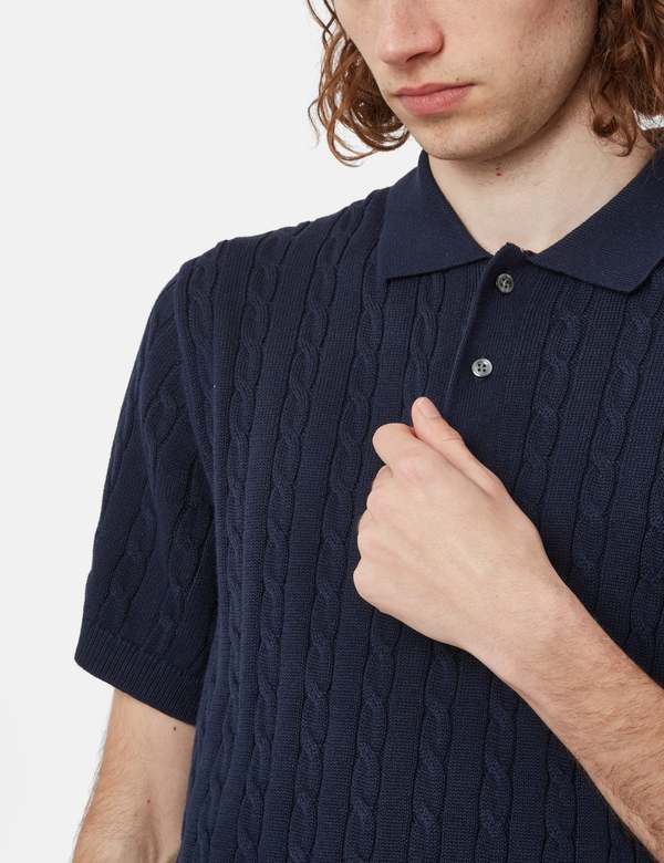 Beams Plus Cable Knit Polo - Navy Blue | Garmentory