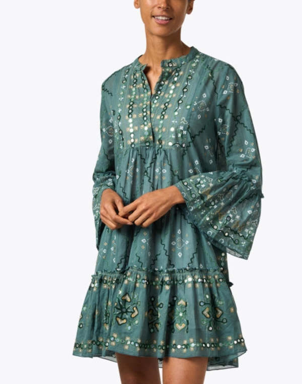 Juliet Dunn Flared Sleeve with Mosaic Print Dress - Bottle Green |  Garmentory