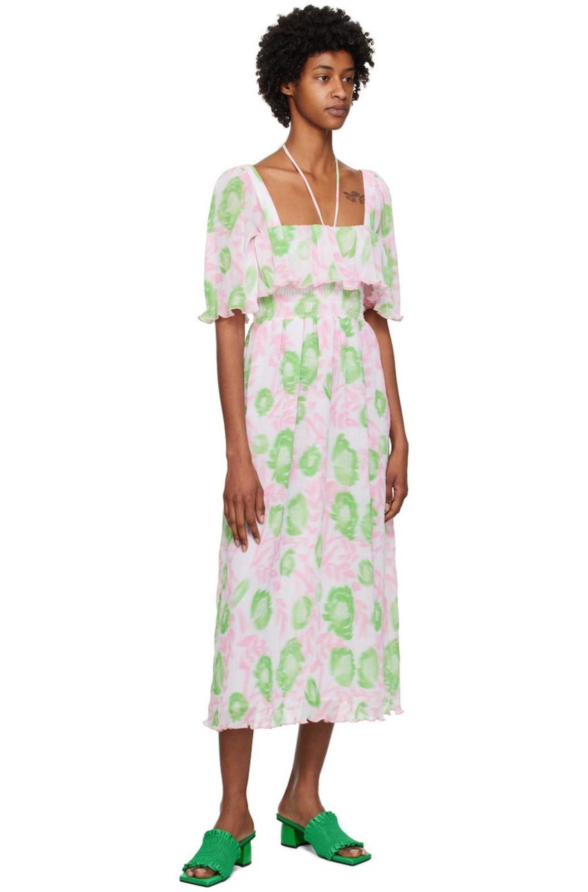green emerald velvet dress Pink & Green Tropical Print Halter Midi Dress- All Dresses