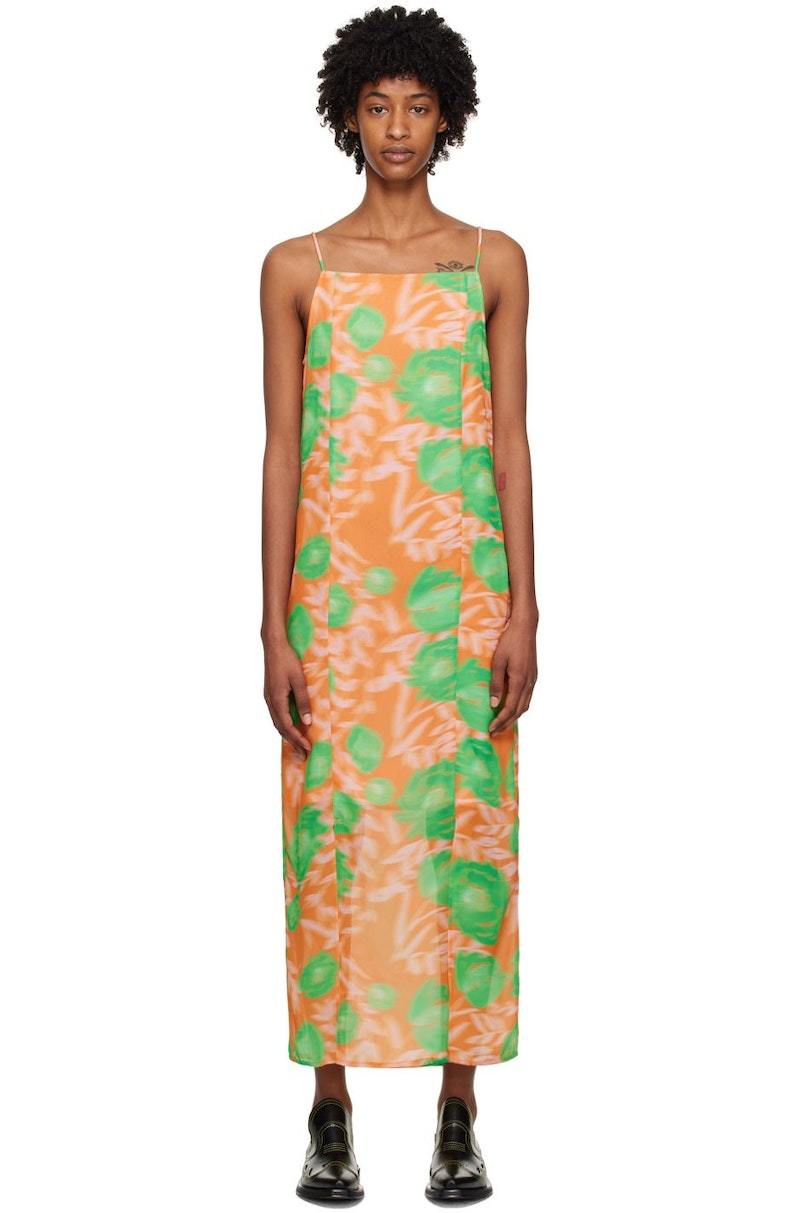 【関税＆送料込み】Ganni Printed Midi Dress GANNI Printed Slip Midi Dress - Vibrant Orange | Garmentory