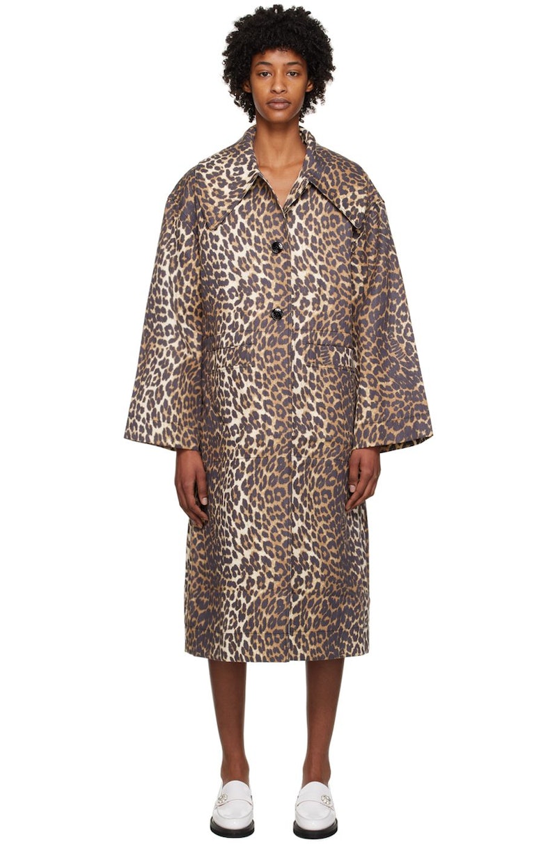 コート GANNI Woman Coat White W0391 859 Leopard Printed Canvas Midi Jacket GANNI W0391 859 - Gianni