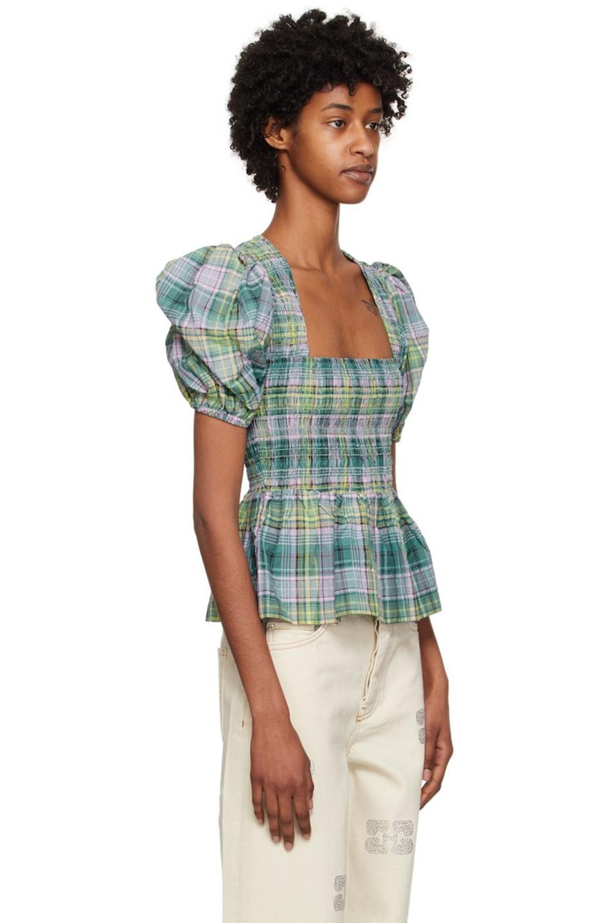 Ganni-Shirring-Blouse---Lagoon