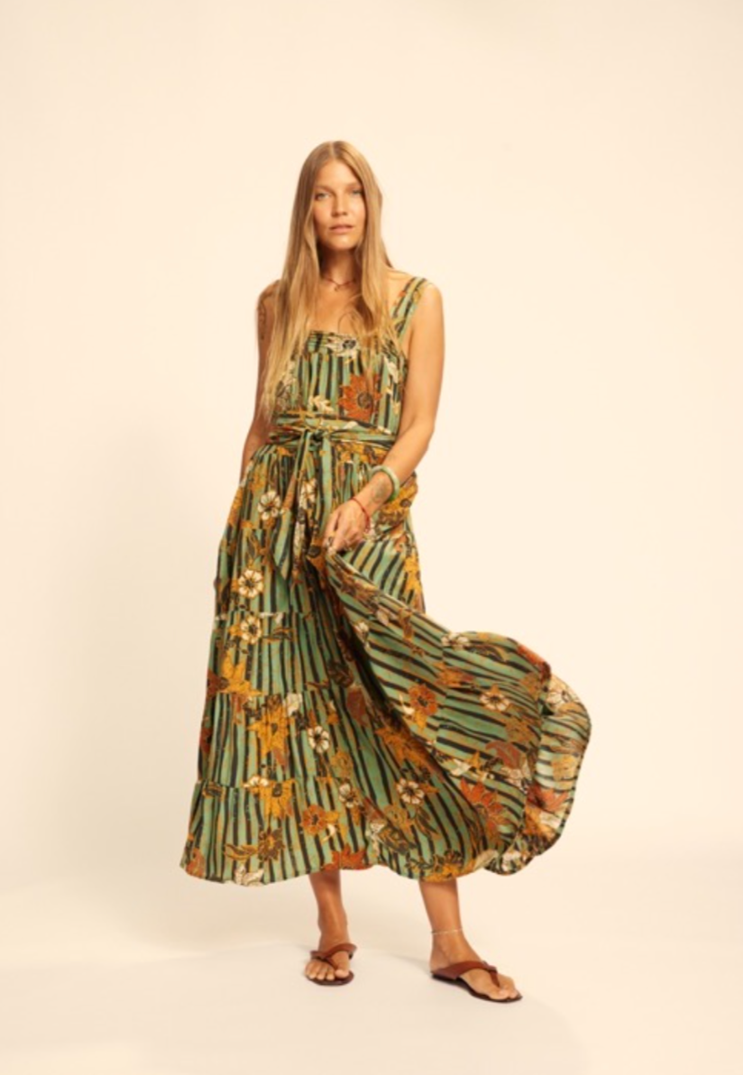 Natalie Martin Jasmine Maxi Dress with Sash - Sunflower Stripe Print Moss  Green | Garmentory