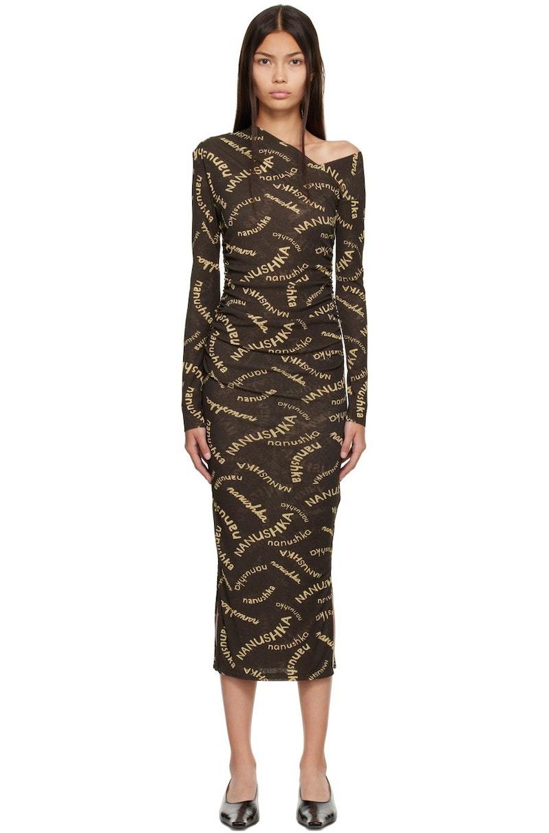 nanushka brown dress NANUSHKA Brown Sayan Button-Down Criss-Cross Waist Tie Satin Slip-Dress M =  6 US
