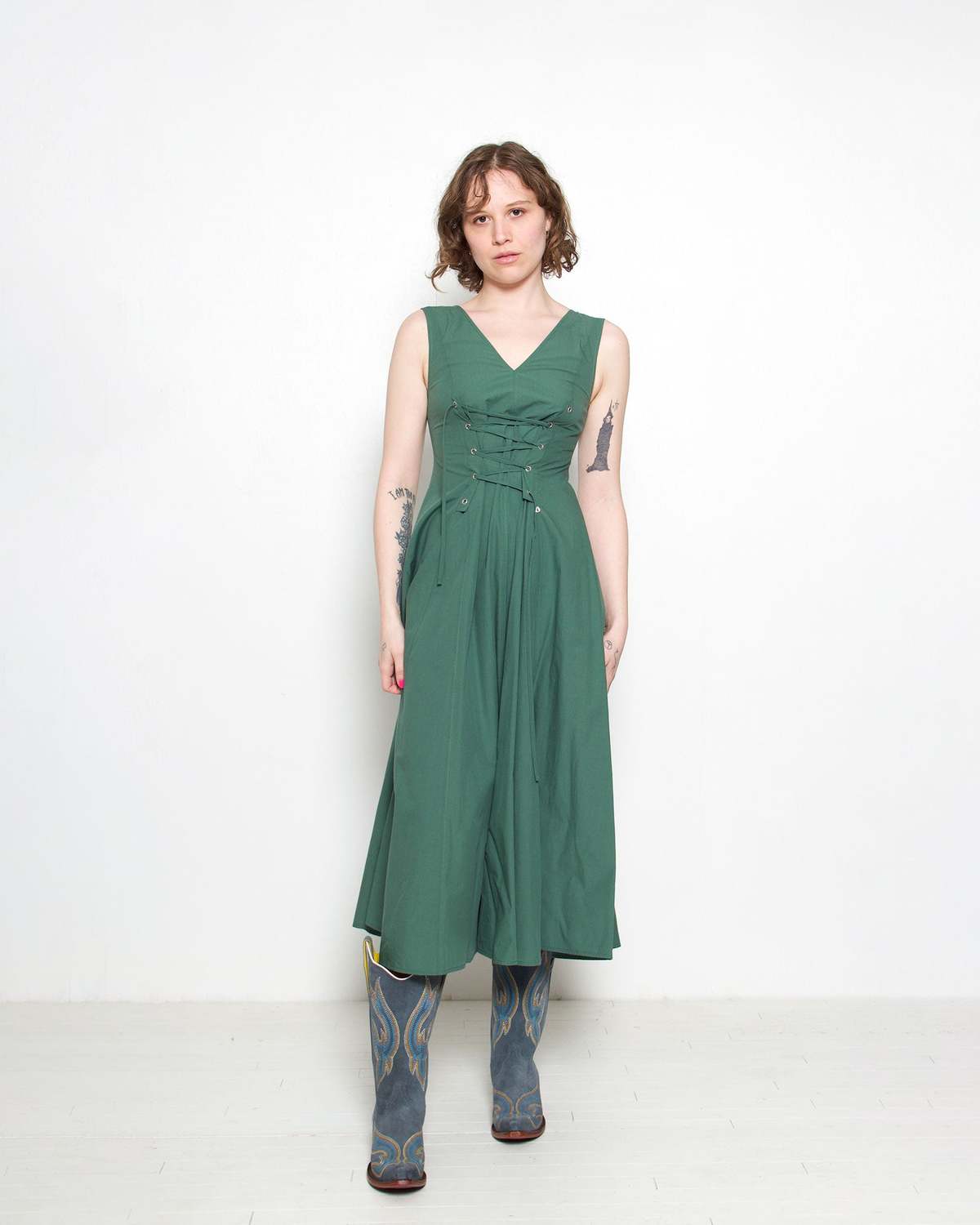 Ottod'Ame Poplin Lace Up Midi Dress - Pine
