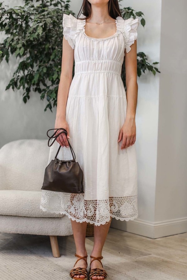 green emerald velvet dress Leona Half Sleeve Frill Trim Dress Leaf Embroidered White