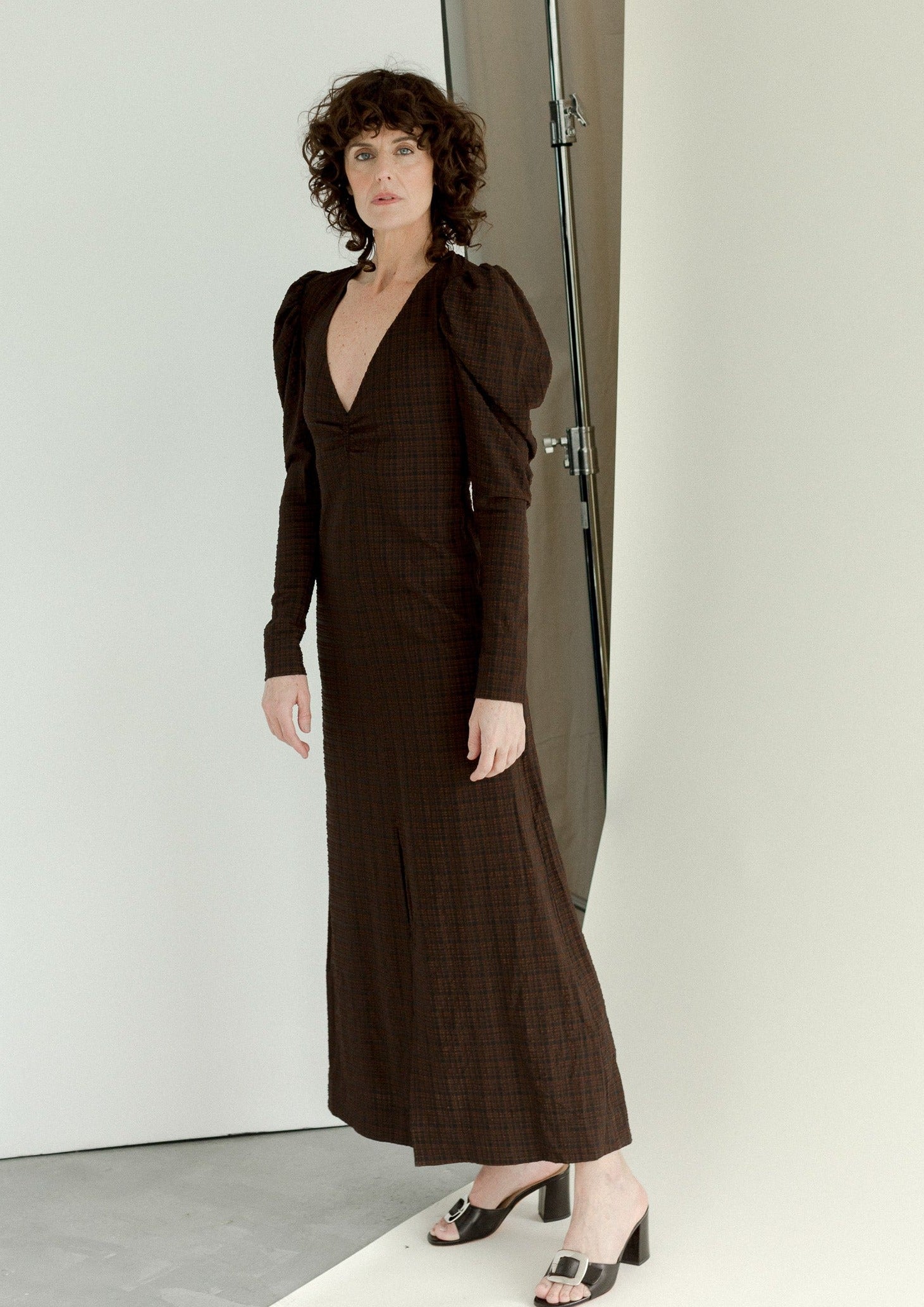 Ganni Seersucker V-Neck Maxi Dress - Chicory Coffee | Garmentory