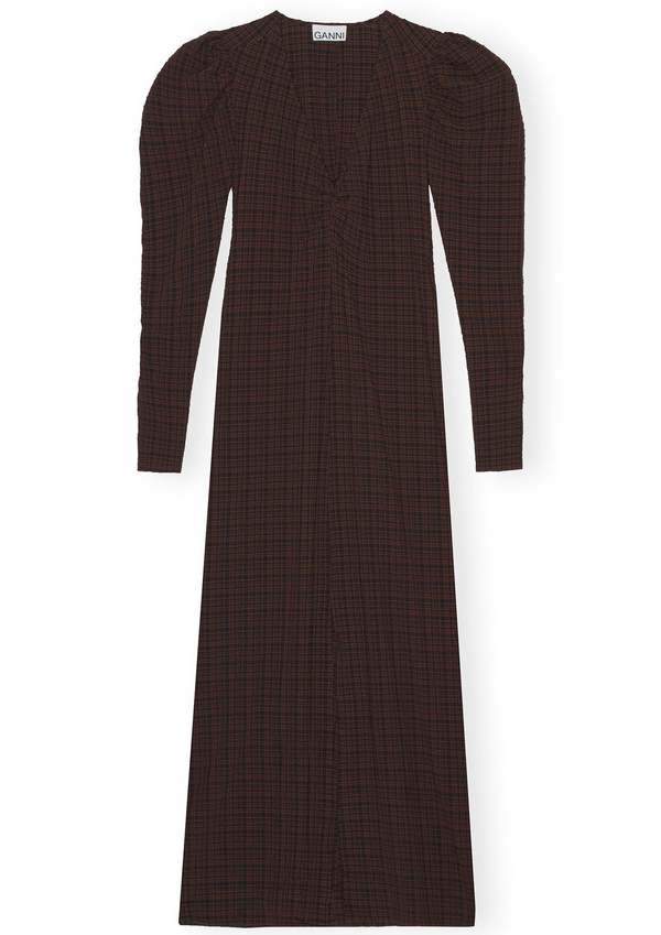 Ganni Seersucker V-Neck Maxi Dress - Chicory Coffee | Garmentory