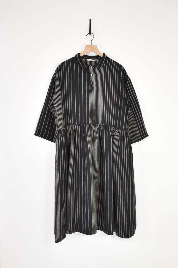 ICHI ANTIQUITES Linen Random Stripes Dress - Black | Garmentory