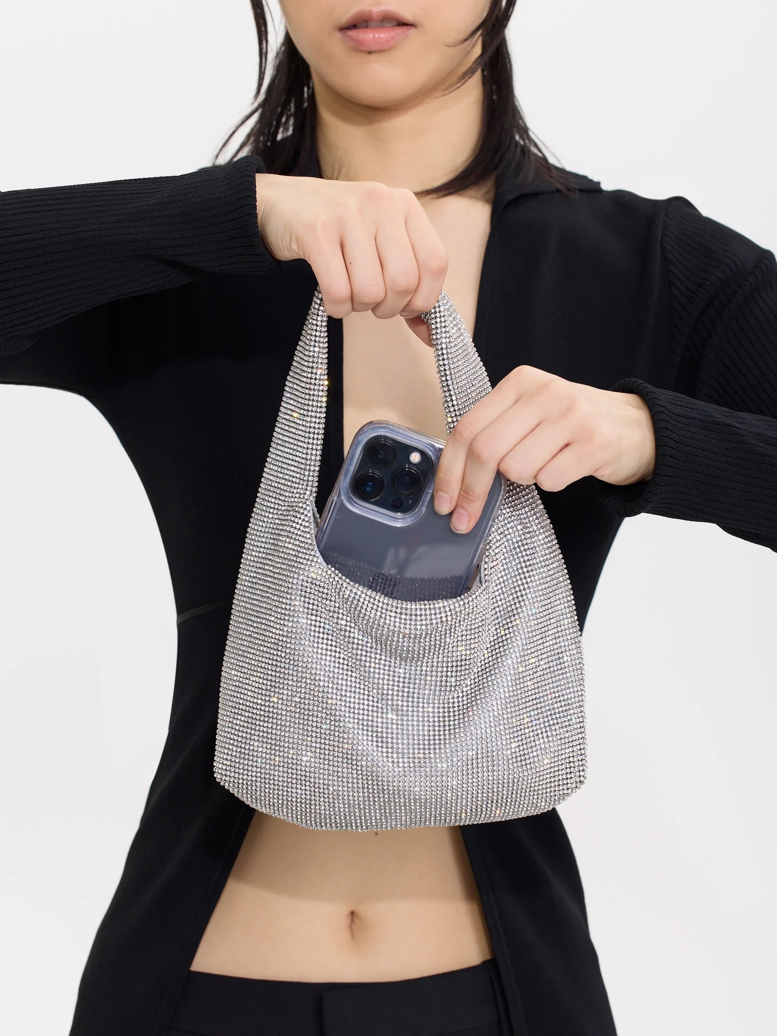 KARA Mini Crystal Mesh Armpit Bag White Garmentory