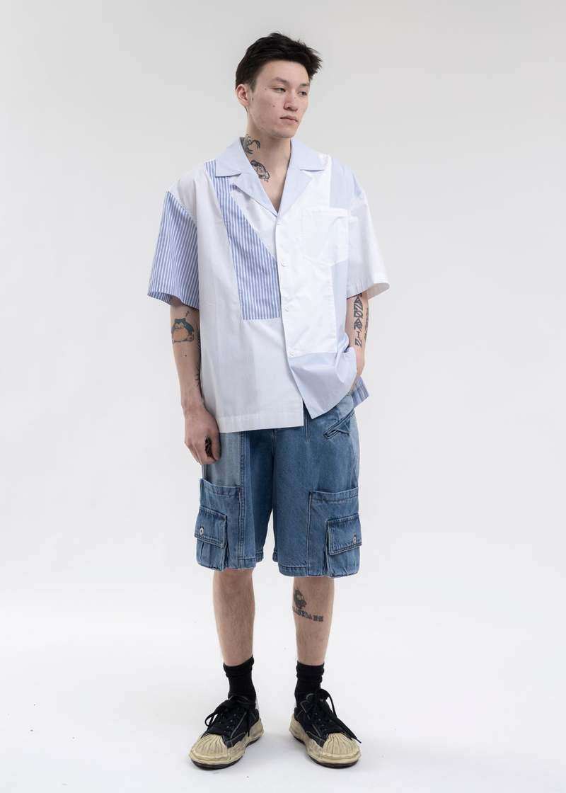BLUE DOUBLE WAIST DENIM CARGO SHORT | Garmentory