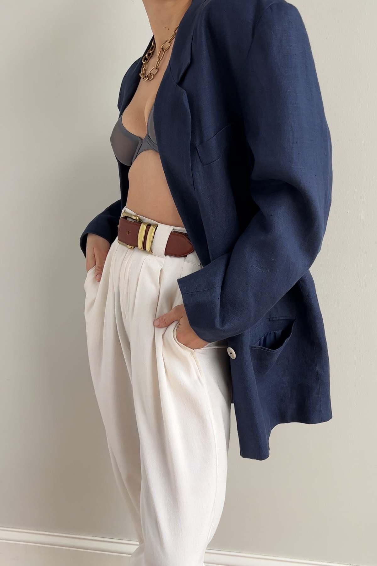 Cotton Linen Blazer - Navy