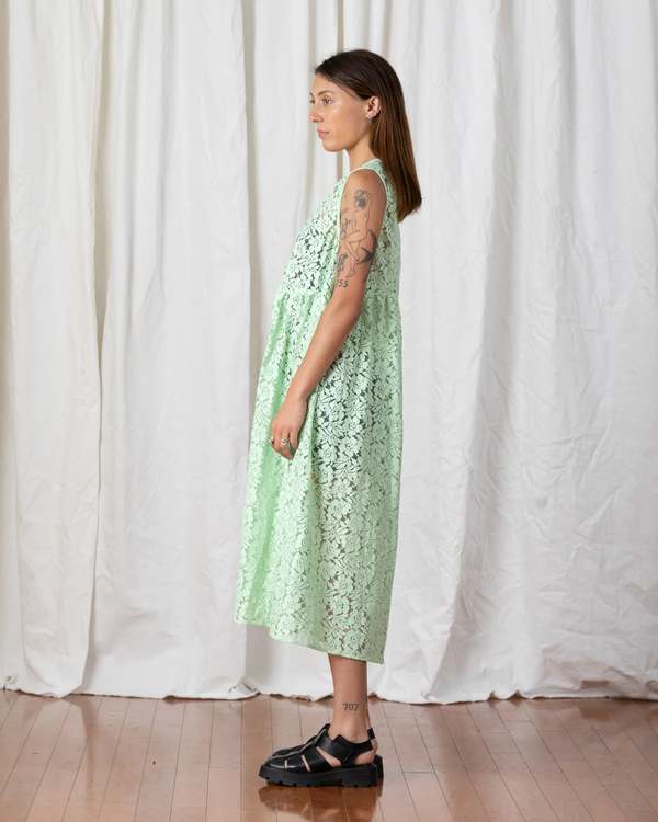 Ali Golden Lace V-Neck Dress w/ Gathers - Seafoam Green | Garmentory