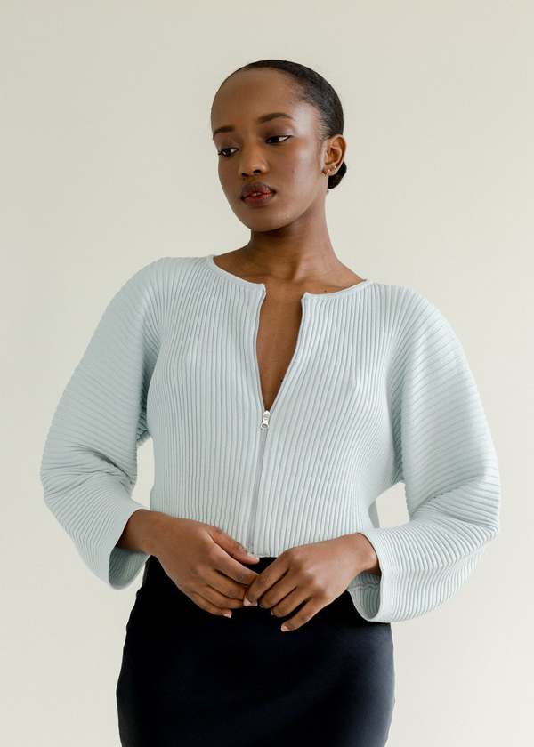 AMOMENTO Blue Ribbed Button Cardigan Top - blue | Garmentory