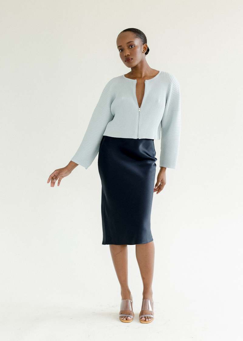 Amomento Ribbed Crop Zip-Up Cardigan - Sky Blue | Garmentory