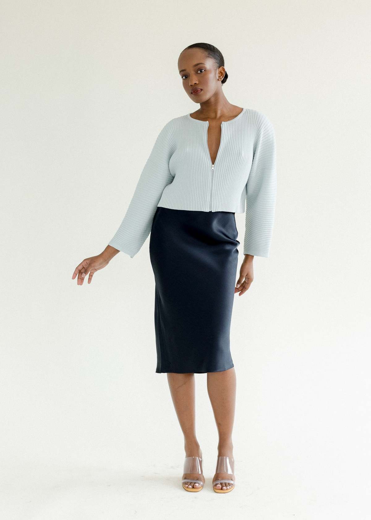 Amomento Ribbed Crop Zip-Up Cardigan - Sky Blue | Garmentory