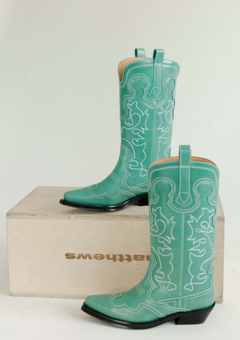 Ganni Mid Shaft Embroidered Western Boot - Bottle Green