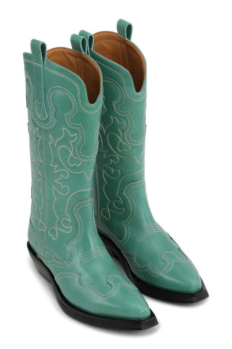 Ganni Mid Shaft Embroidered Western Boot - Bottle Green
