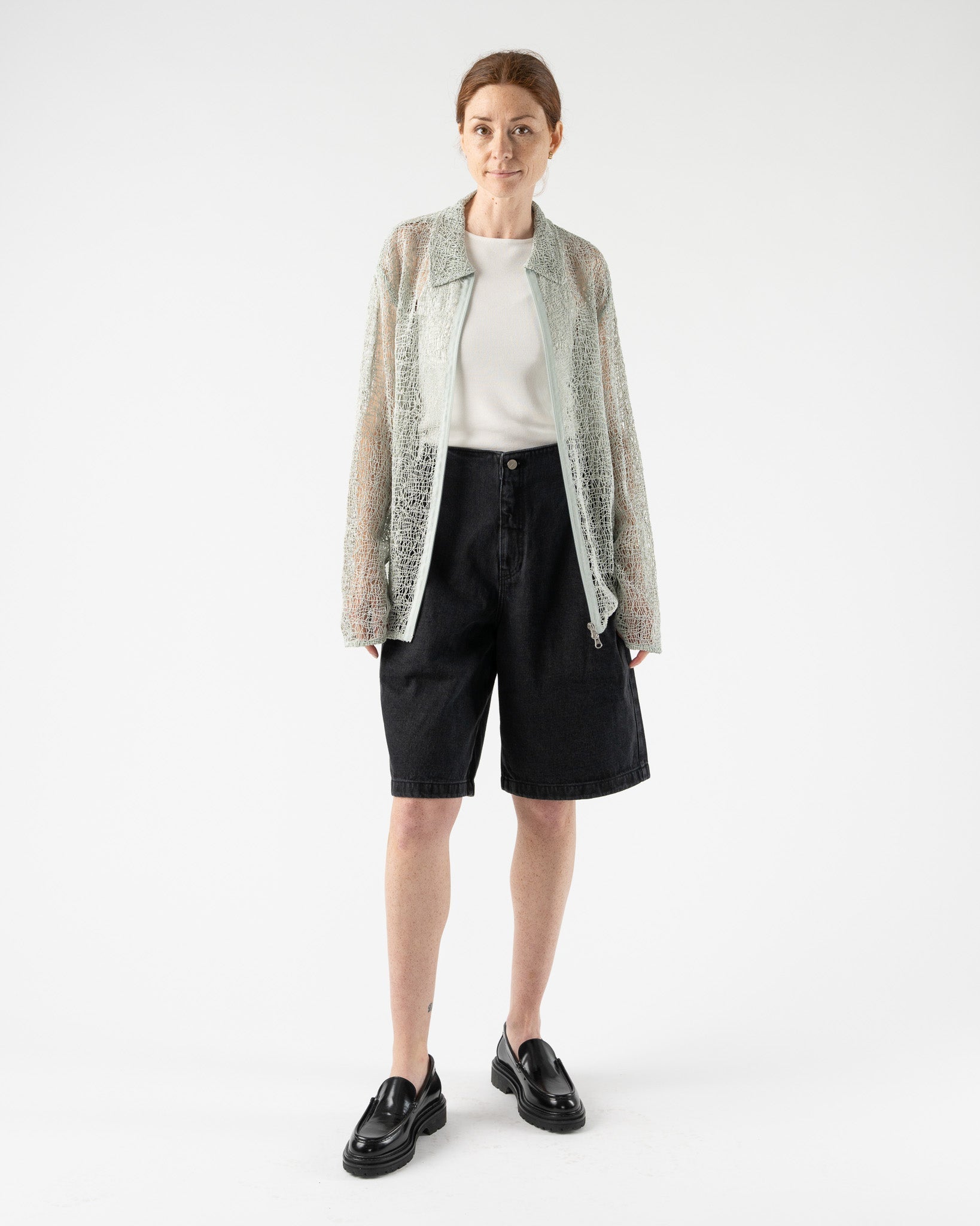 トップス AMOMENTO 24ss SHEER ZIP UP SHIRTS M MINT Amomento Lace Zip Up Shirt in Mint | Garmentory