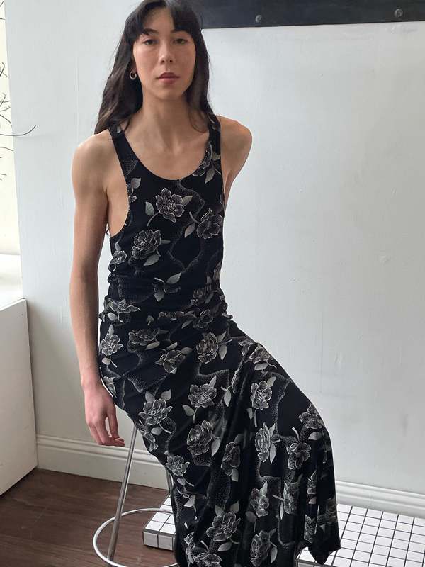 Vintage 90s slinky beige floral maxi dress (M/L)