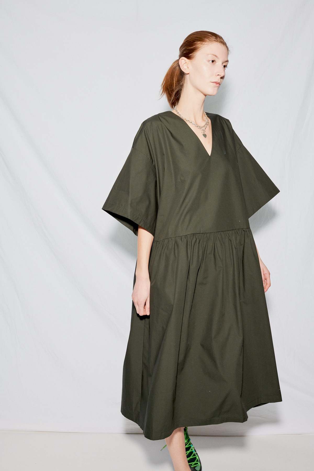 Black Crane Cotton V Neck Dress - Shadow | Garmentory