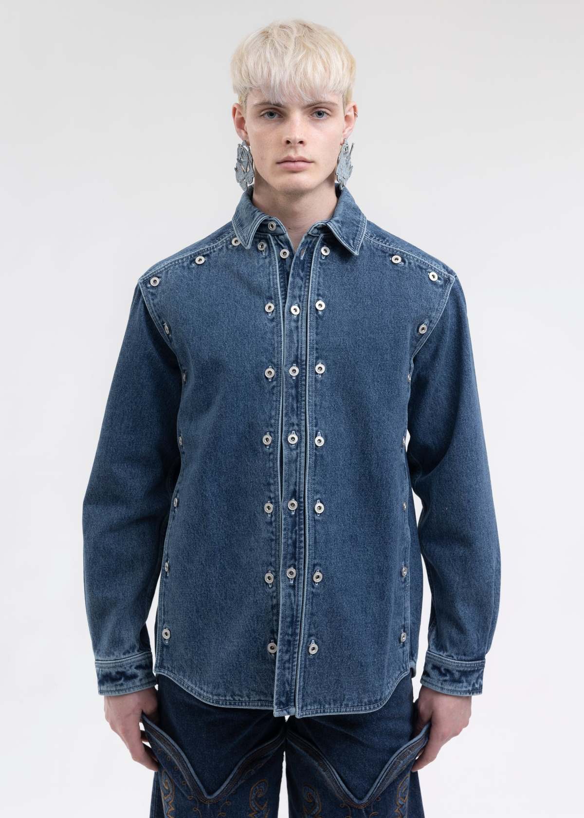 Y/project CLASSIC BUTTON PANEL DENIM SHIRT - NAVY | Garmentory