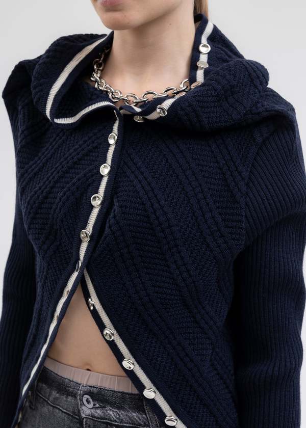Y/project CLASSIC RUFFLE NECKLACE CARDIGAN - NAVY | Garmentory