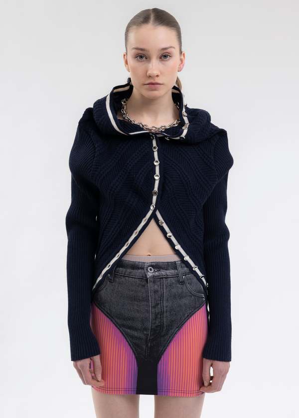 Y/project CLASSIC RUFFLE NECKLACE CARDIGAN - NAVY | Garmentory