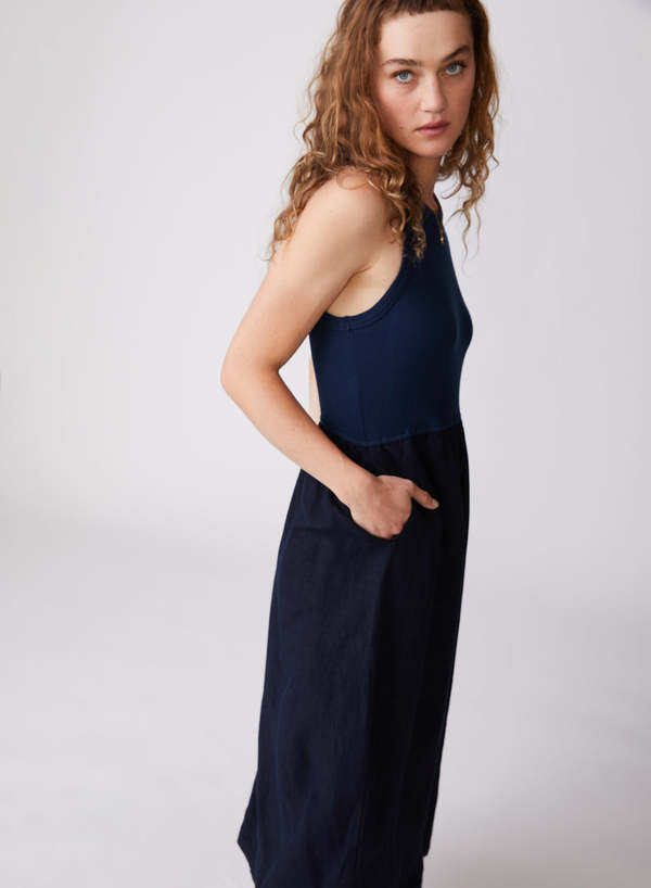 Stateside Linen Mixed Media High Neck Dress - Navy | Garmentory Stateside Linen Mixed Media High Neck Dress - Navy | Garmentory