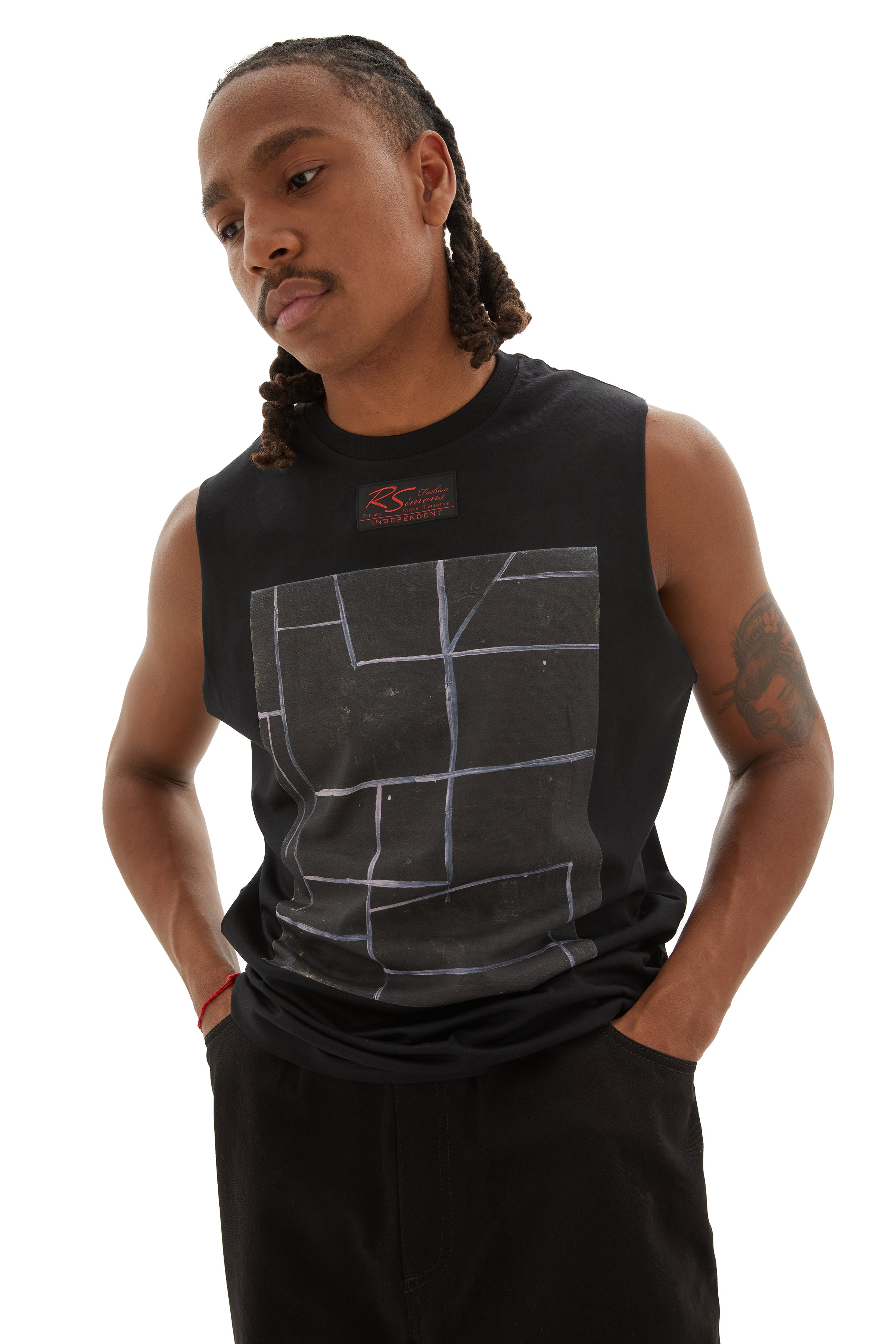 トップス 20ss Raf Simons Graphic Sleeveless Tee RAF SIMONS Sleeveless Oversized T-shirt w/Abstract Print - Black