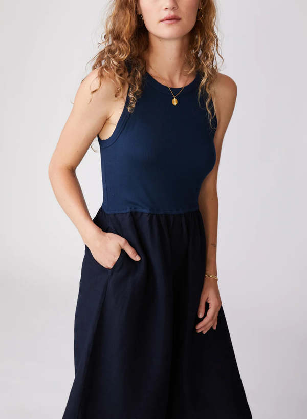Stateside Linen Mixed Media High Neck Dress - New Navy | Garmentory