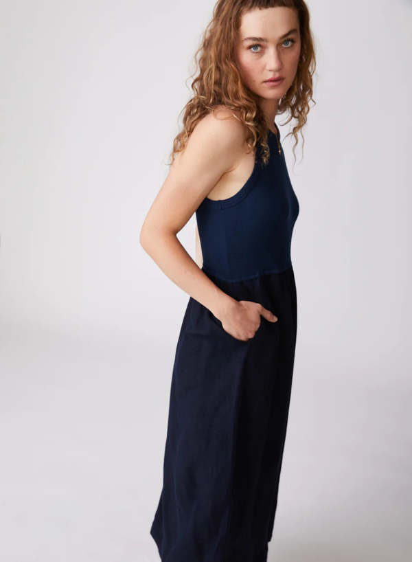 knee length dresses for ladies Navy Linen Midi Dress with Boat Neck – Vintage Fit & Flare French Style Dress