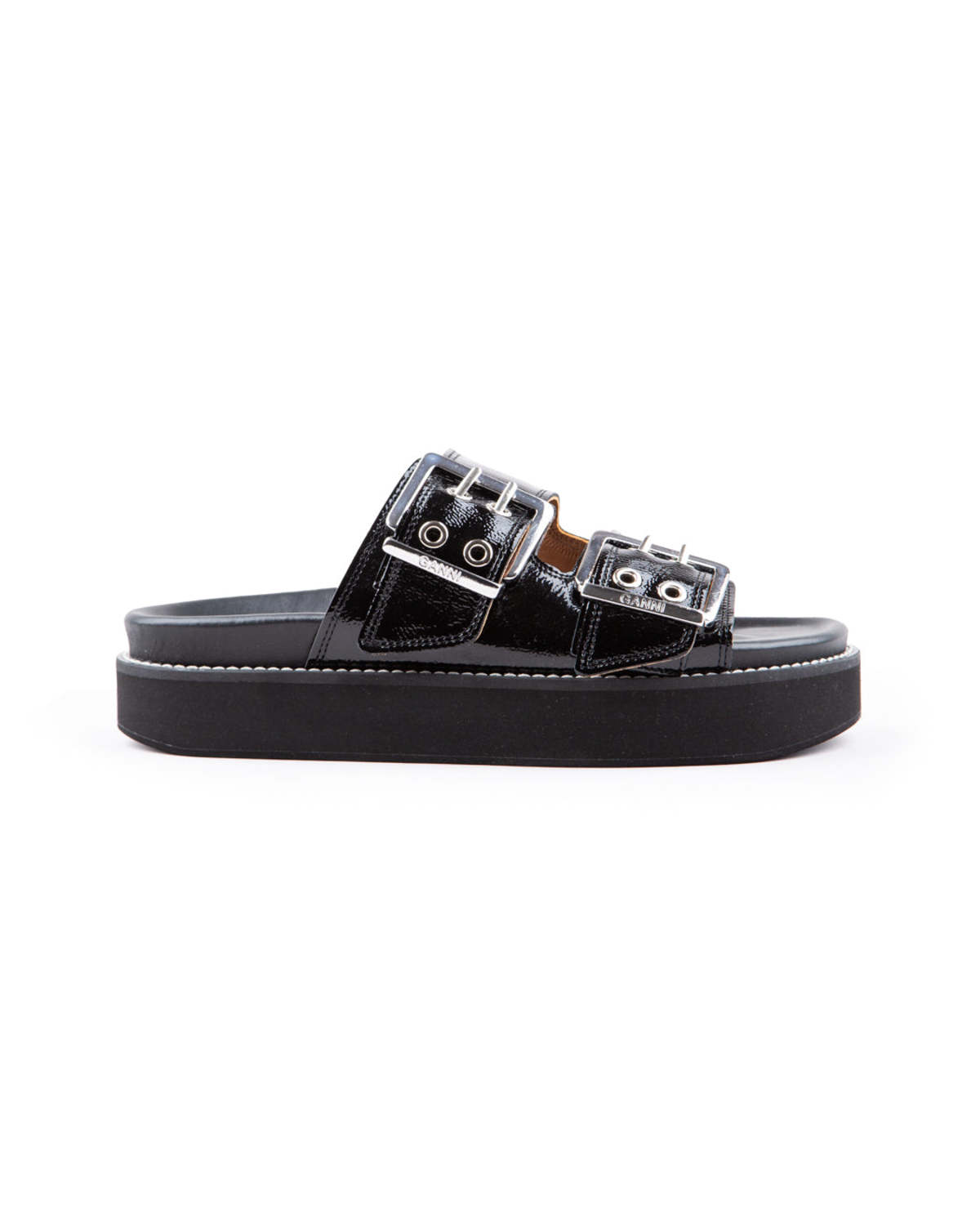 Ganni Wide Welt Chunky Buckle Flat Sandal - Black | Garmentory