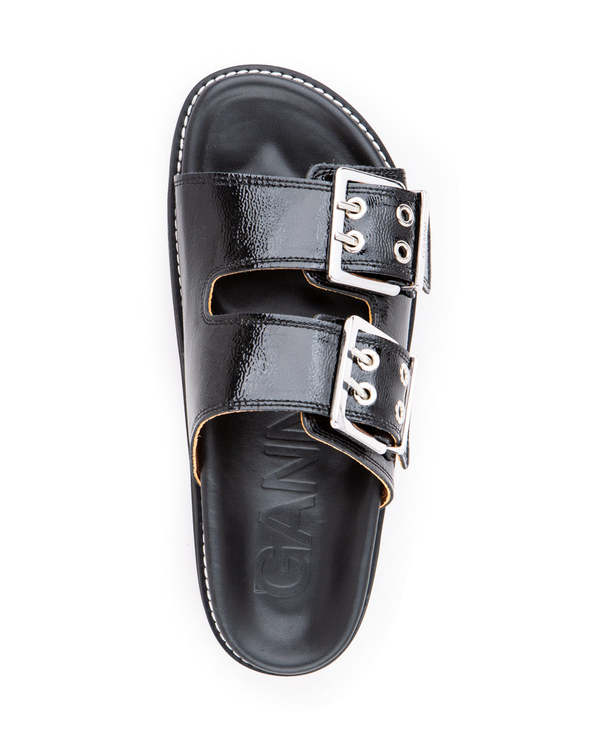 Ganni Wide Welt Chunky Buckle Flat Sandal - Black | Garmentory