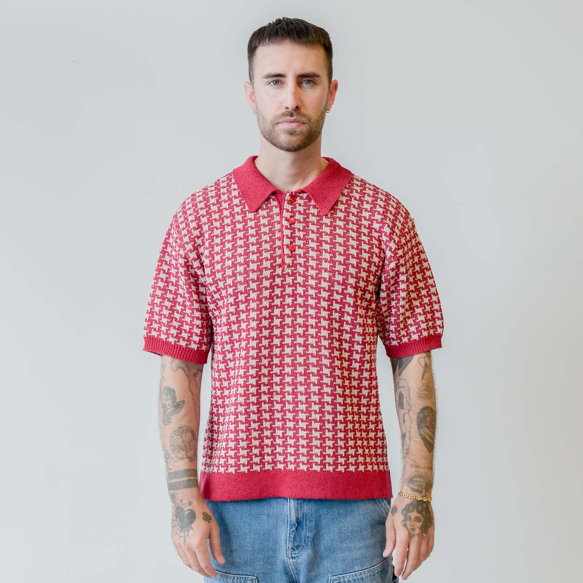 Needles Polo Sweater - Houndstooth Red | Garmentory