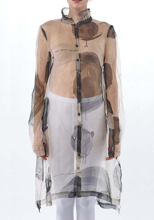 Rundholz Oversized Sheer Printed Silk Shirt Dress | Garmentory