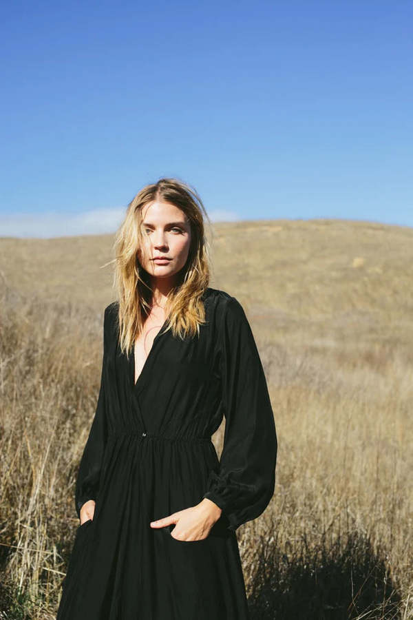 Natalie Martin Nico Long Sleeve Maxi with Sash - Black Silk
