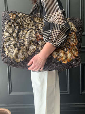 Sophie Digard Raffia Bag with Floral Cross Stitch - Graphite
